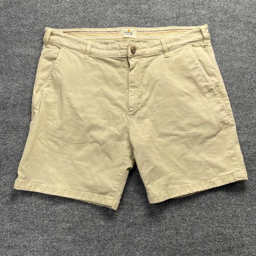 Marine Layer Saturday Slim Chino Shorts Mens 36 Khaki Tan 7.5" Inseam
